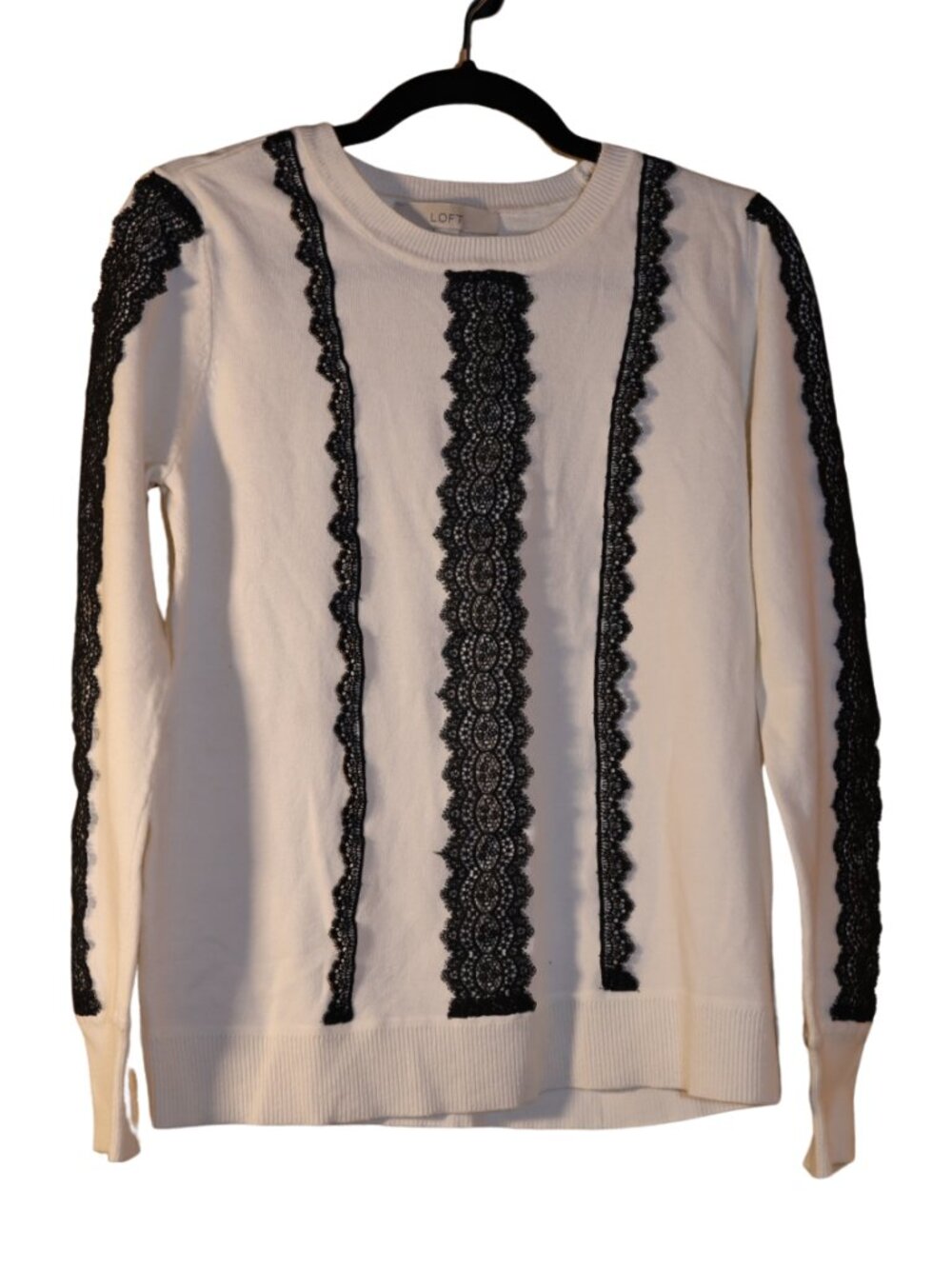 LOFT Cream Knit Crewneck Sweater with Black Lace Trim - Medium Like New